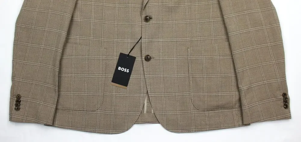 Hugo Boss Hanry Blazer Mens 46 R Brown Windowpane Stretch Wool Cotton Sport Coat